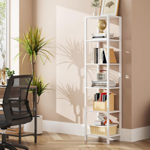 TUTOTAK Bookshelf, 6-Tier Tall Book Shelf, Narrow Bookcase for Small Space, DIY Stackable Bookshelf, for Living Room, Office, Study, Entryway, Industrial, White BS01BW006