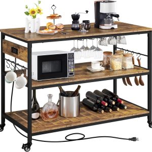 Yaheetech Kitchen Island with Power Outlet, Rolling Kitchen Cart with Wine Rack & Glass Holder & Hooks, Coffee Bar Microwave Stand Wine Rack Table for Dining Room, 47.5" W x 24" D, Rustic Brown